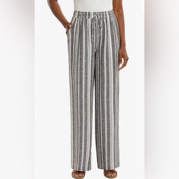 Briggs NY High Waisted Linen Wide Leg Pants Gray & White Striped Women’s Large - Picture 1 of 6